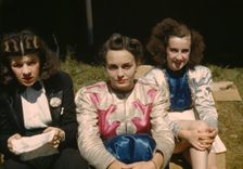 Backstage at the "girlie" show at the Vermont state fair, Rutland, 1941. Creator: Jack Delano