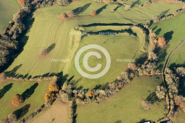 Bach Camp, a univallate Iron Age hillfort earthwork, near Brockmanton, Herefordshire, 2016. Creator: Damian Grady.