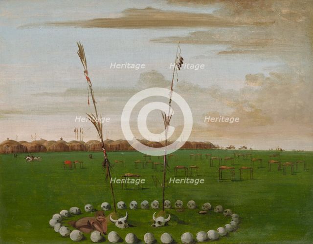 Back View of Mandan Village, Showing the Cemetery, 1832. Creator: George Catlin.