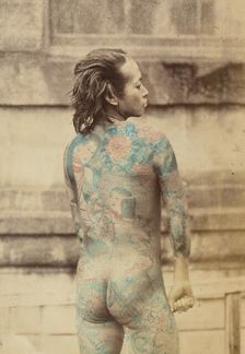 Back view of a tattooed Japanese man, 1868-1880. Creator: Felice Beato