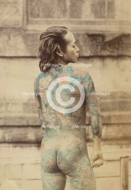 Back view of a tattooed Japanese man, 1868-1880. Creator: Felice Beato.
