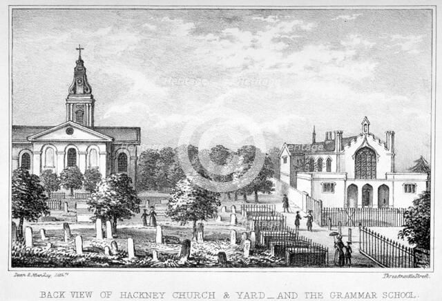 Back view of the Church of St John at Hackney and a grammar school, London, c1835.         Artist: Dean and Munday