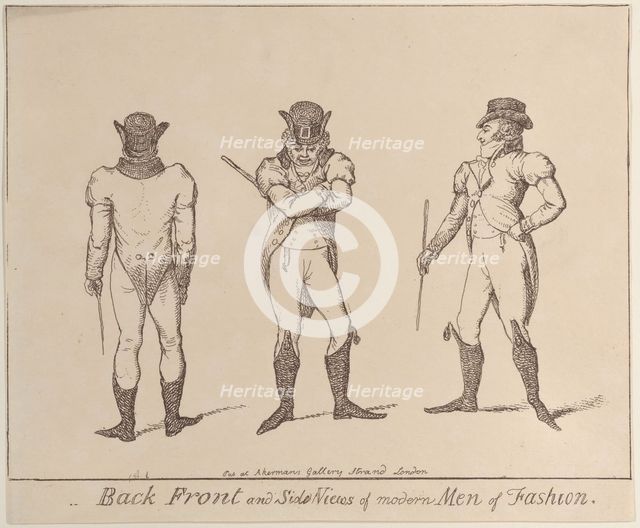 Back, Front, and Side Views of Modern Men of Fashion: Fashions a little before 1800, c..., ca. 1800. Creator: Anon.