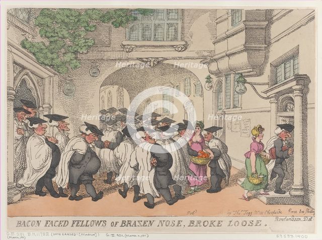 Bacon Faced Fellows of Brazen Nose, Broke Loose, 1811., 1811. Creator: Thomas Rowlandson.