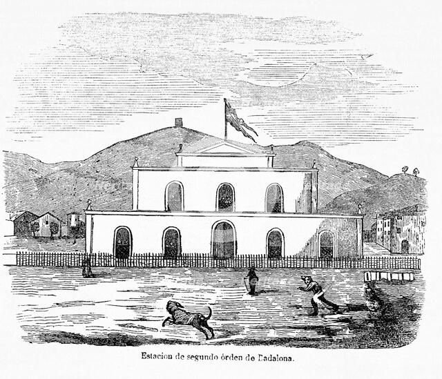 Badalona station of the railway line Barcelona-Mataró, engraving, 1849.