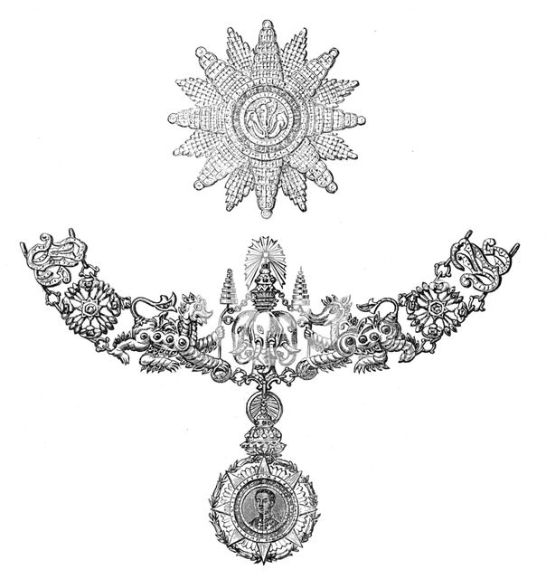 Badge, collar, and star of a new order of knighthood instituted by the King of Siam, 1874. Creator: Unknown.