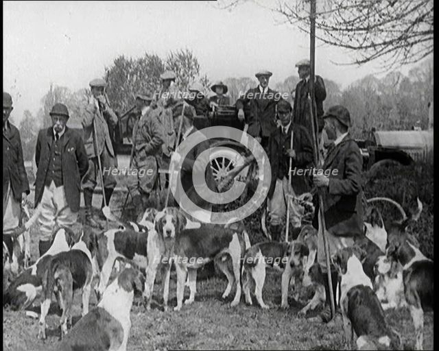 Badger Hunt. Huntsmen Gathering for Photographs With Their Dogs, 1921. Creator: British Pathe Ltd.
