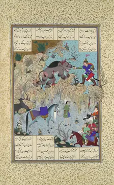 Bahram Chubina Slays the Lion-Ape, Folio 715v from the Shahnama (Book of Kings)..., c1530-35. Creators: Qasim ibn Ali, Mir Musavvir
