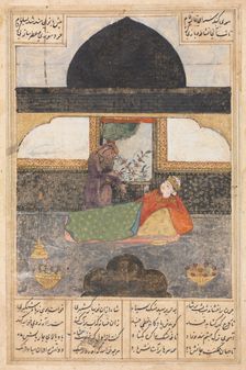Bahram Gur Visits the Princess of India in the Black Pavilion (recto)..., c. 1400-1410. Creator: Unknown
