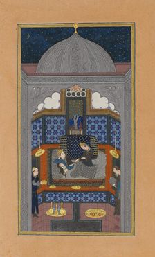 Bahram Gur and the Indian Princess in the Dark Palace on Saturday, Folio 23v..., ca. 1430. Creator: Maulana Azhar