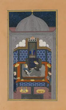 Bahram Gur and the Indian Princess in the Dark Palace on Saturday, Folio 23v..., ca. 1430. Creator: Maulana Azhar