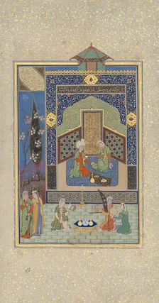 Bahram Gur in the Turquoise Palace on Wednesday, Folio 216 from a Khamsa...AH 931/AD1524-25. Creators: Shaikh Zada, Mahmud Muzahhib, Sultan Muhammad Nur