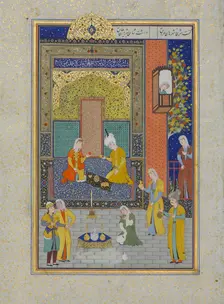 Bahram Gur in the Yellow Palace on Sunday, Folio 213 from a Khamsa..., A.H. 931/A.D. 1524-25. Creators: Shaikh Zada, Mahmud Muzahhib, Sultan Muhammad Nur