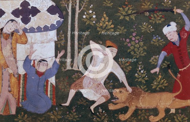 Bahram Gur kills the lion, 16th century.