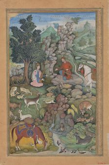 Bahram Gur Sees a Herd of Deer Mesmerized by Dilaram s Music, Folio from..., 1597-98. Creator: Miskin