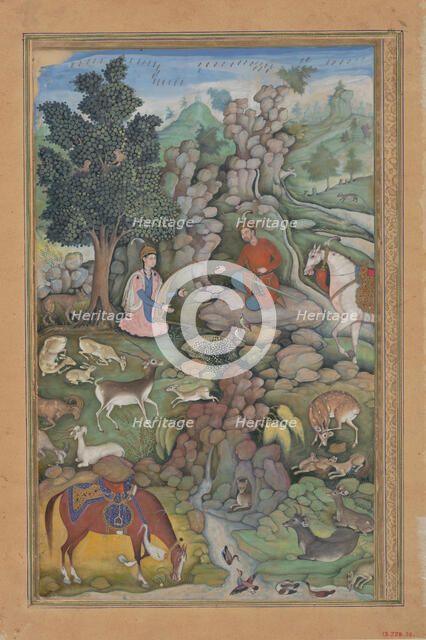 Bahram Gur Sees a Herd of Deer Mesmerized by Dilaram' s Music, Folio from..., 1597-98. Creator: Miskin.