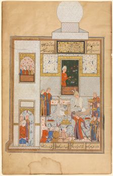 Bahram Visits the White Domed Pavilion (recto); part of Khamsa of Nizami, Haft Paykar..., c. 1560-15 Creator: Unknown