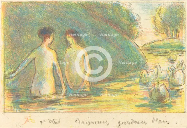 Baigneuses, gardeuses d'oies (Bathers Tending Geese), c. 1895. Creator: Camille Pissarro.