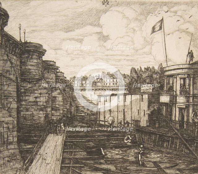 Bain-froid Chevrier (Chevrier's cold bath establishment, or The School Baths, Paris), 1864. Creator: Charles Meryon.