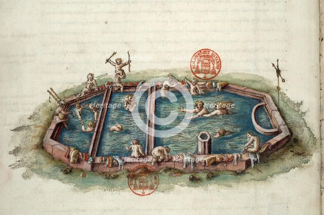 Bains de Néris-les-Bains. Miniature from Générale description du pais et duché de..., 1561-1574. Creator: Anonymous master.