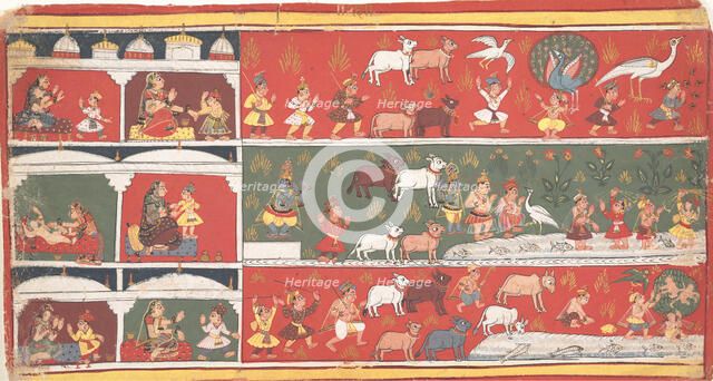 Bakasura, the Crane Demon, Arrives in Brindavan... a Dispersed Bhagavata Purana..., ca. 1700. Creator: Unknown.