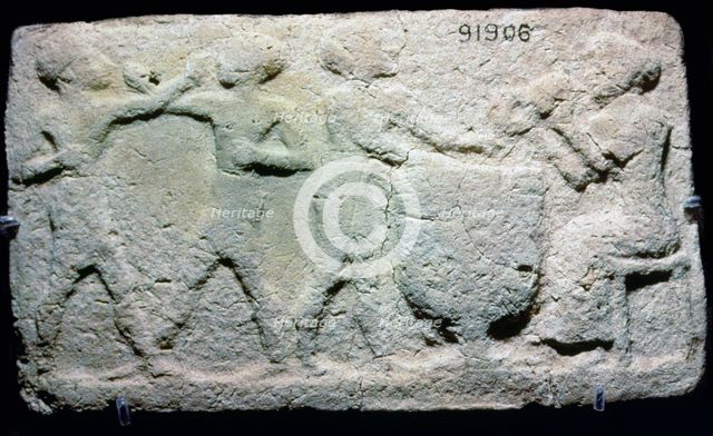 Baked clay plaque of two boxers fighting, while musicians play, from Larsa, Iraq, 2000BC-1750BC. Artist: Unknown