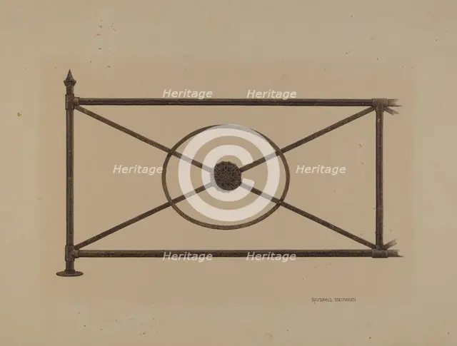 Balcony Railing with Cast Rosette, c. 1940. Creator: Raymond Neumann.