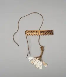 Balance-Beam Scale with Geometric Cut-out Motifs and String holding Shell Pendants, A.D. 500/800. Creator: Unknown