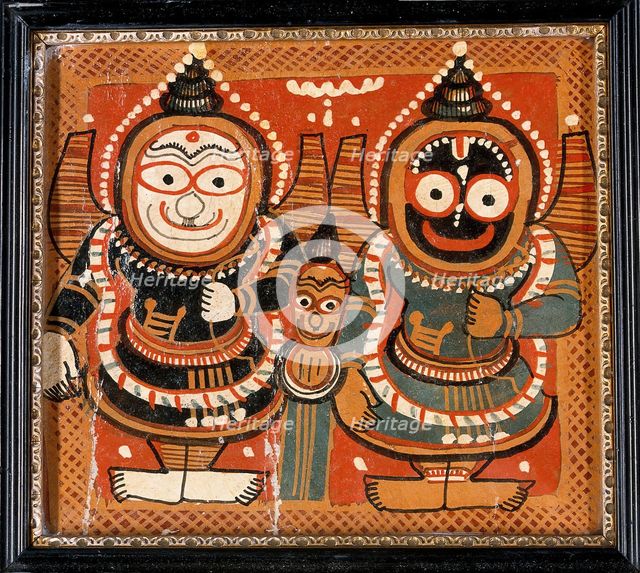 Balarama and Jagannath holding bows in their left hands, with Subhadra between them, c1880/1910. Creator: Unknown.