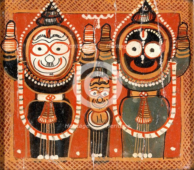 Balarama and Jagannath holding up their hands with Subhadra between them. Creator: Painter of Puri, Odisha.
