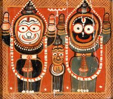 Balarama and Jagannath holding up their hands with Subhadra between them. Creator: Painter of Puri, Odisha