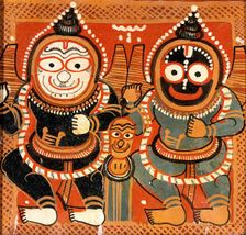 Balarama and Jagannath raising their right hands and holding their left hands in..., c1880/1910.. Creator: Painter of Puri, Odisha