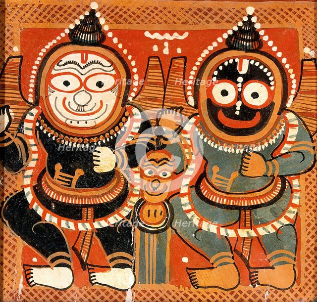 Balarama and Jagannath raising their right hands and holding their left hands in..., c1880/1910.. Creator: Painter of Puri, Odisha.