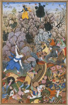 Balarama and Krishna Fighting the Enemy, Folio from a Harivamsa (The Legend of..., ca. 1590-95. Creator: Unknown