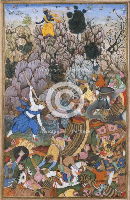 Balarama and Krishna Fighting the Enemy, Folio from a Harivamsa (The Legend of..., ca. 1590-95. Creator: Unknown.
