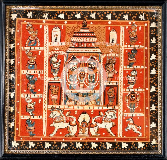 Balarama, Subhadra and Jagannath in the temple at Puri, with other figures in a..., c1880/1910. Creator: Unknown.