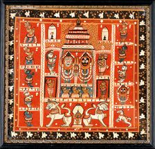 Balarama, Subhadra and Jagannath in the temple at Puri, with other figures in a..., c1880/1910. Creator: Unknown