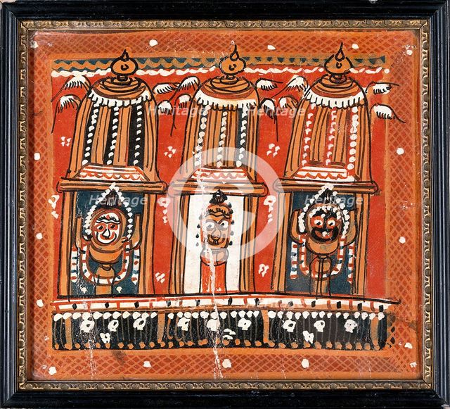 Balarama, Subhadra and Jagannath in three shrines surmounted by winged domes, c1880/1910. Creator: Unknown.