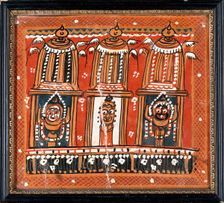 Balarama, Subhadra and Jagannath in three shrines surmounted by winged domes, c1880/1910. Creator: Unknown