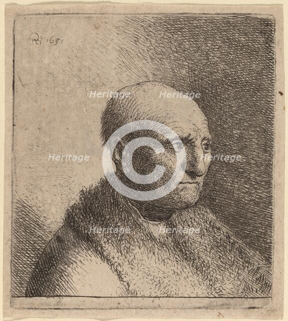Bald Man in a Fur Cloak, c. 1630. Creator: Rembrandt Harmensz van Rijn.