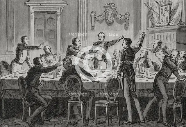 Baldomero Espartero holding a banquet with all his officers and Baron Nordenflicht..., 1879.  Creator: Unknown.
