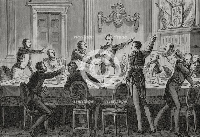 Baldomero Espartero holding a banquet with all his officers and Baron Nordenflicht..., 1879.  Creator: Unknown.