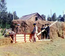 Baling machine for hay, 1915. Creator: Sergey Mikhaylovich Prokudin-Gorsky