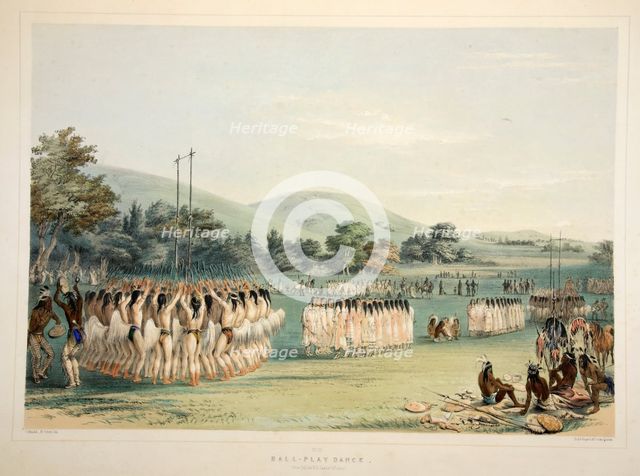 Ball-Player Dance, pub. 1845 (colour lithograph). Creator: George Catlin (1796 - 1872).