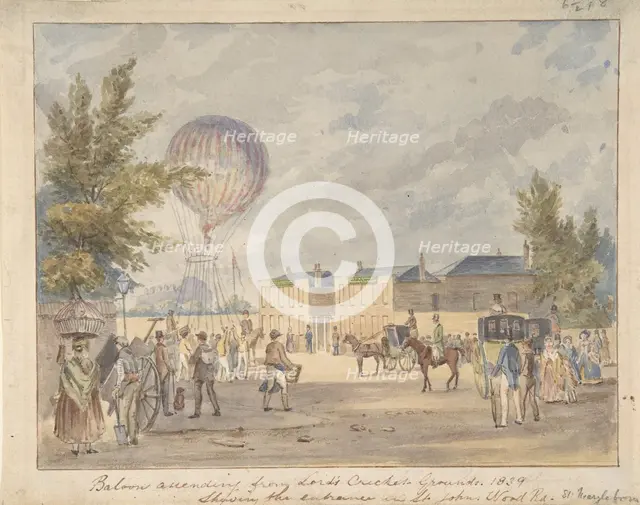 Balloon Ascending Near the Entrance to Lord's Cricket Ground, 1839, ca. 1839. Creator: After Robert Bremmel Schnebbelie.