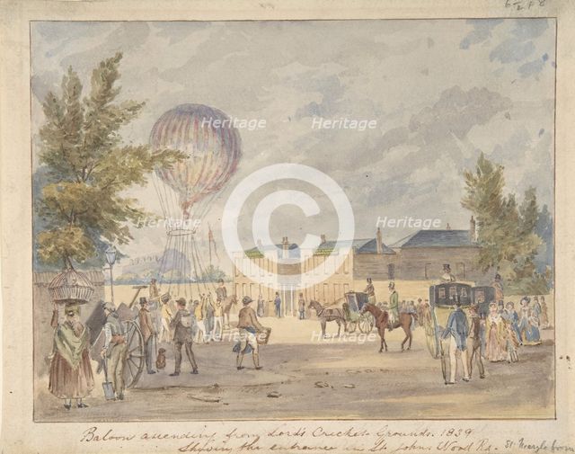 Balloon Ascending Near the Entrance to Lord's Cricket Ground, 1839, ca. 1839. Creator: After Robert Bremmel Schnebbelie.