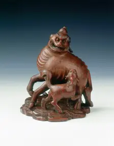 Bamboo carving of a fabulous animal and young, China, 1710-1735. Creator: Unknown