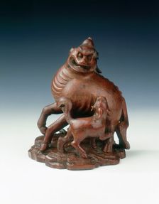 Bamboo carving of a fabulous animal and young, China, 1710-1735. Creator: Unknown