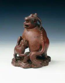 Bamboo carving of a fabulous animal and young, China, 1710-1735. Creator: Unknown