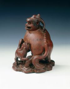 Bamboo carving of a fabulous animal and young, China, 1710-1735. Creator: Unknown